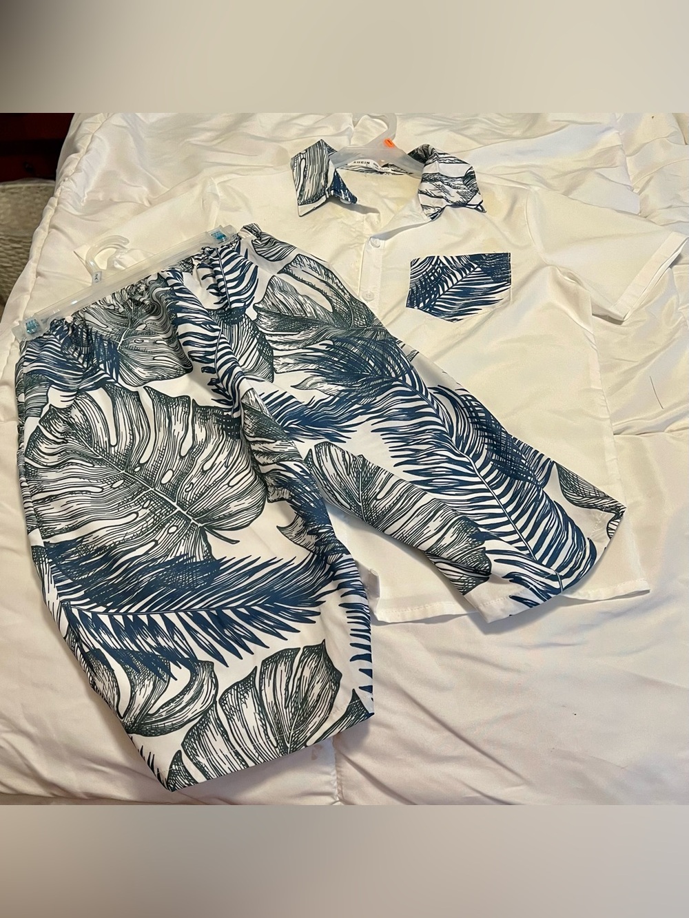 Boys White Short Set with Navy Leaf Print
